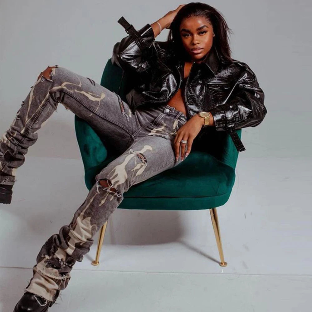 Y2K Retro Sifreyr Ripped Hole Jeans Women Fashion Print High Waist Skinny Stacked Denim Pants Grey Streetwear Elastic Trousers