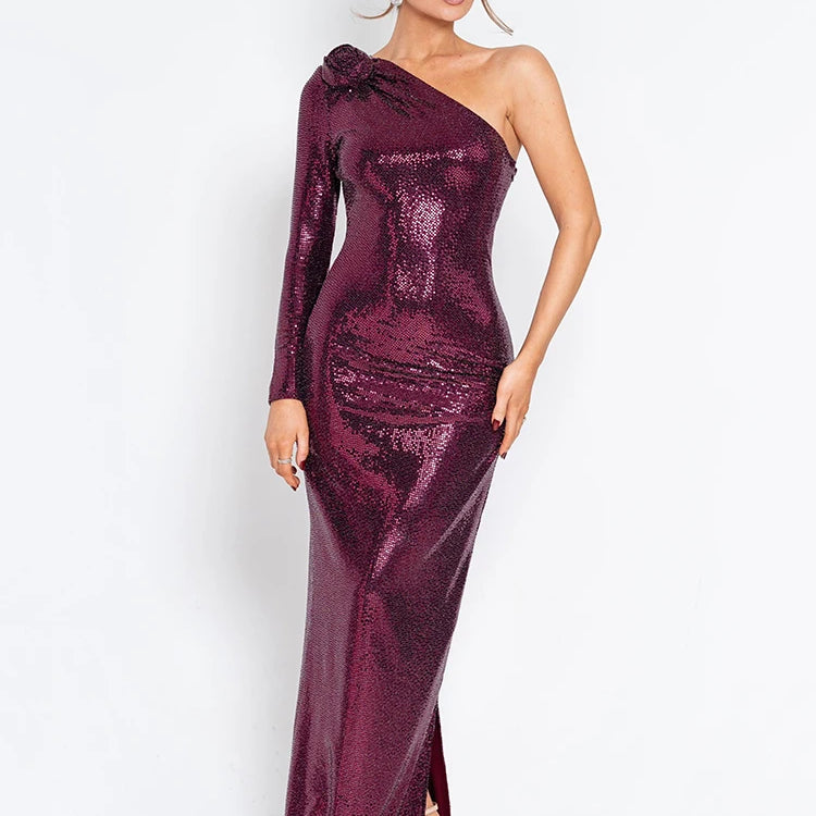 Glitter Skew Collar Backless Sexy Maxi Dress For Women Gown Sparkle Rose One Shoulder Bodycon Evening Long Dress
