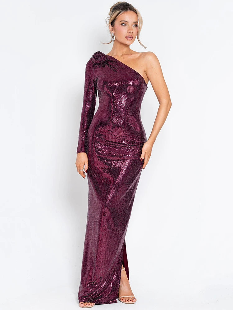 Glitter Skew Collar Backless Sexy Maxi Dress For Women Gown Sparkle Rose One Shoulder Bodycon Evening Long Dress