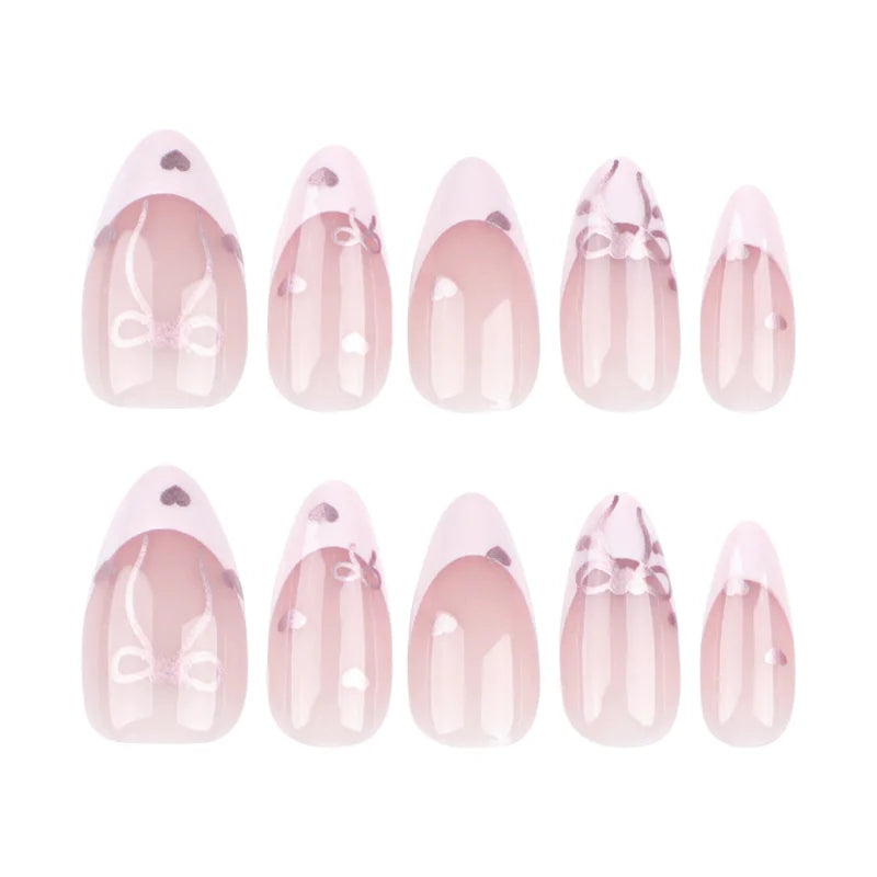 24Pcs Medium Almond Press-On Acrylic Nails Glossy Chic Pink False Nails with Bow,heart for Women & Girls’ Daily Sweety Wear Tips