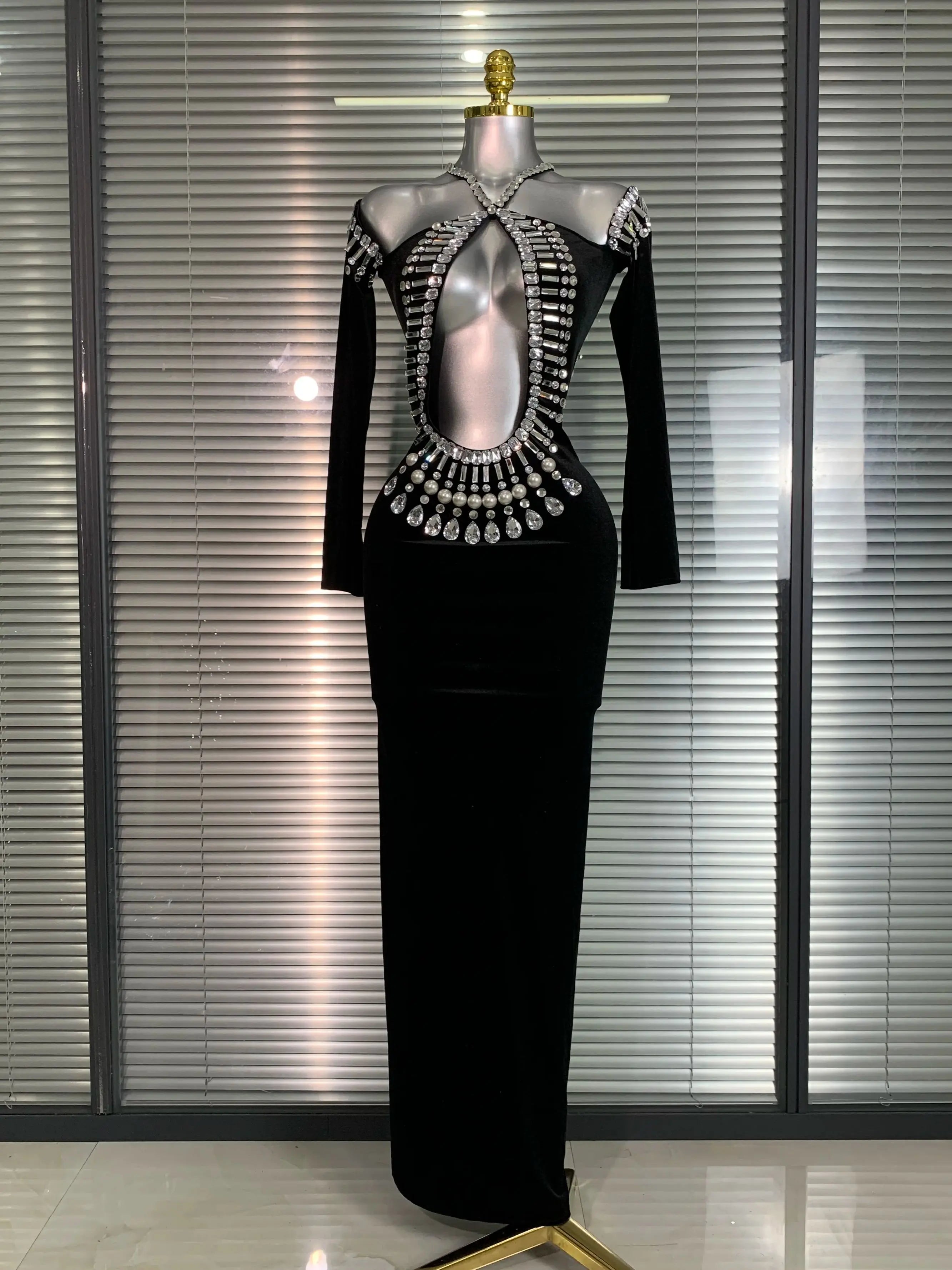 INS New Women Sexy Velvet Stretched Crystal Diamonds Rhinestones Maxi Dress Night Club Party Singer Stage Costume