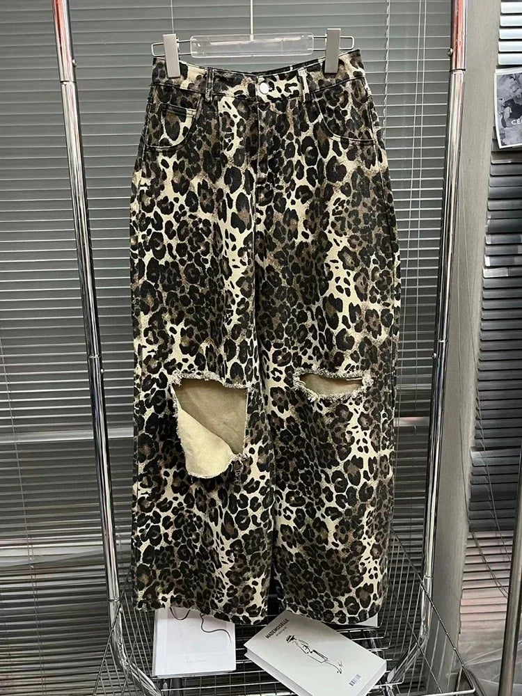 Ripped Hole Baggy Jeans for Women Wide Leg Denim Pants Leopard Print Fashion Streetwear Pants Oversized Straight Pants
