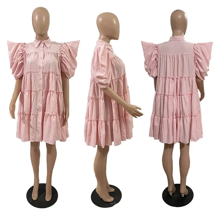 CM.YAYA Elegant Women Puff Short Sleeve Smock Dress  2022 Summer Chic Big Swing Loose Turn-down Neck Sundress Vestidos