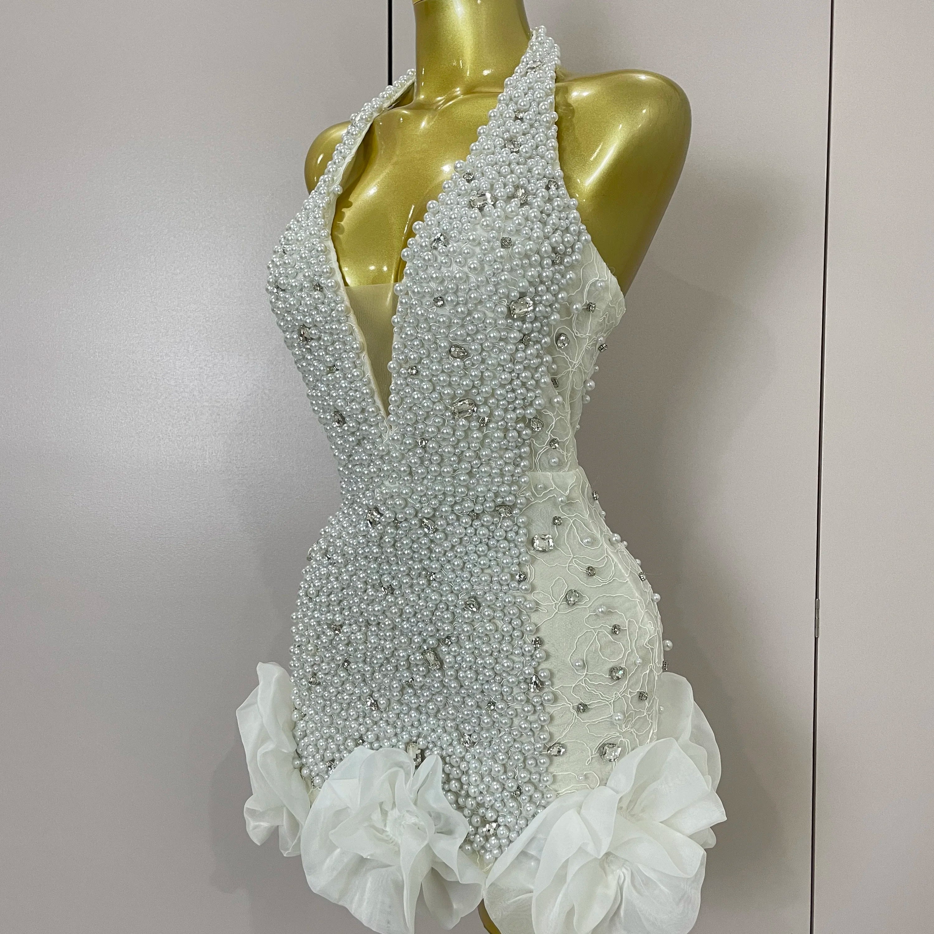 High Quality Luxury Shiny Diamonds Pearl Flowers Deep V Halter Short Dress Women Celebrate Eveing Celebrity Birthday Party Dress