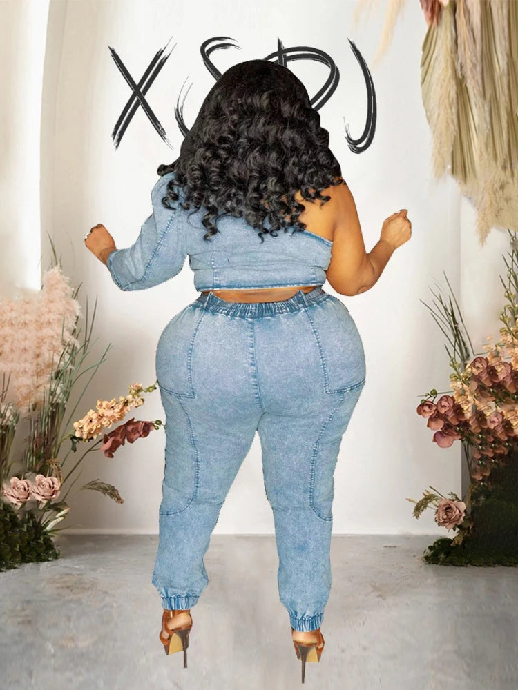 Two Piece Set Women Top and Pants Fashion Sexy One Shoulder Top Elastic Jeans Plus Size Matching Sets Wholesale Dropshipping