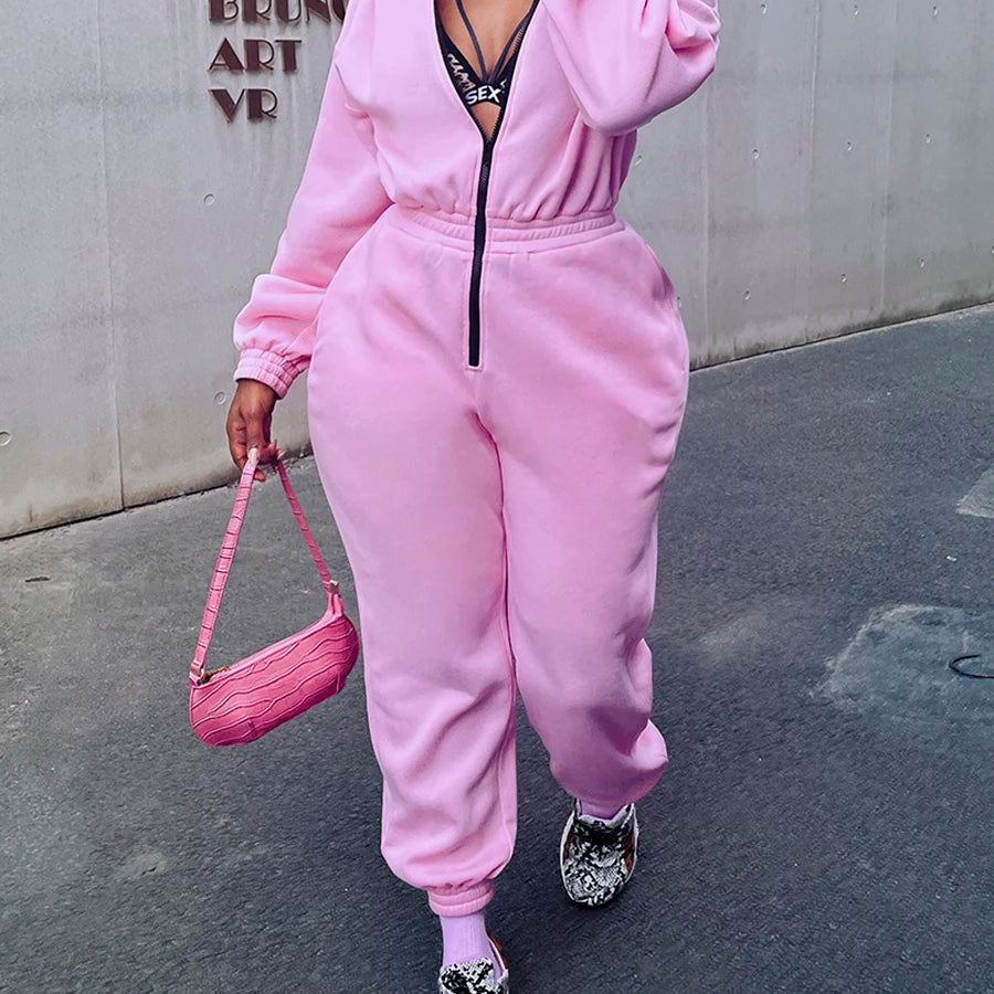 Loose Sweat Jumpsuit Winter Autumn Long-sleeve Loose Romper Female Vintage Pocket Sweatpants Overall Thick Warm Jumpsuit Pink