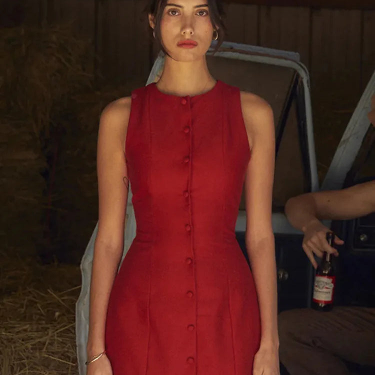 Mozision Fashion Sleeveless Sexy Mini Dress For Women New O Neck Single-btrasted Bodycon Club Party Tank Dress Femme Clothes