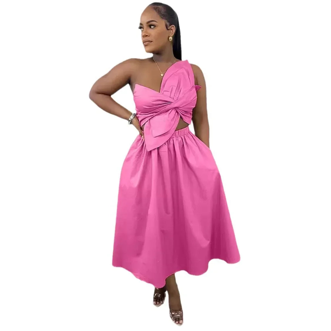 CM.YAYA Women Big Petal Front Strapless Midi Long Dress 2024 Summer Street Vestidos Sexy Party Evening Chic Big Swing Dresses