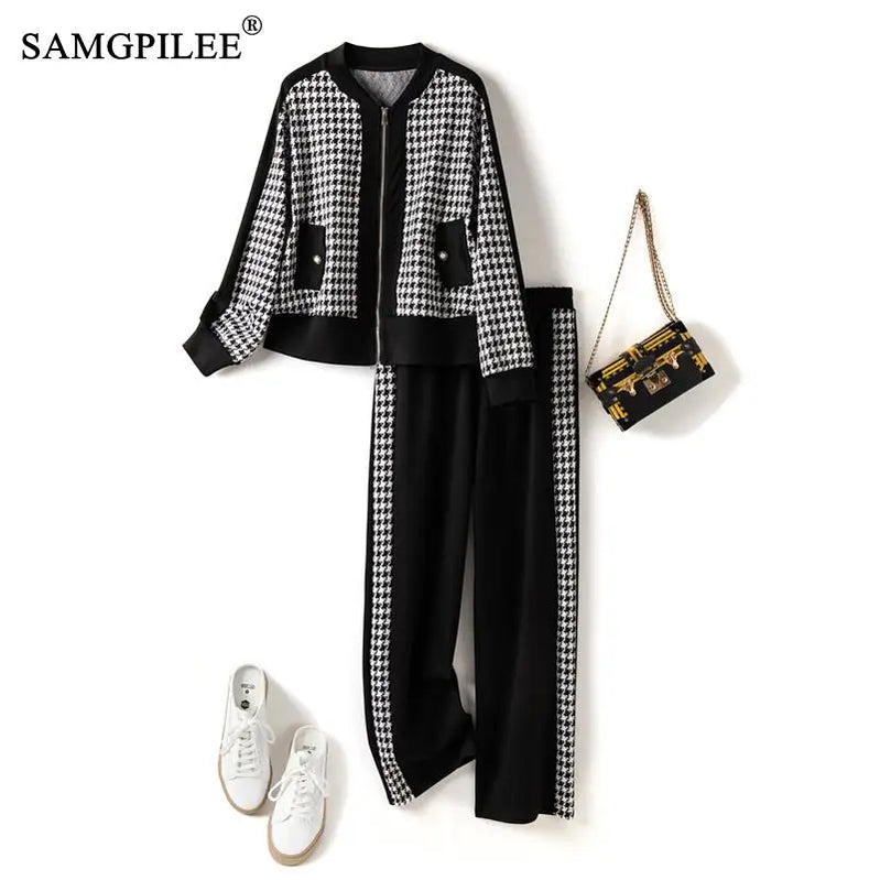 Two Piece Sets Womens Outifits 2024 New Houndstooth Cardigan Jacket Wide Leg Pants Autumn Winter Elegant Women's Sets 4XL Black