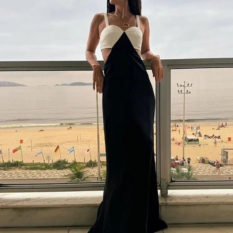 Elegant Lady Contrast Hollow Out Slim Long Dress Fashion Sleeveless Bodycon Maxi Robes Summer 2025 Party Vacation Women Dresses