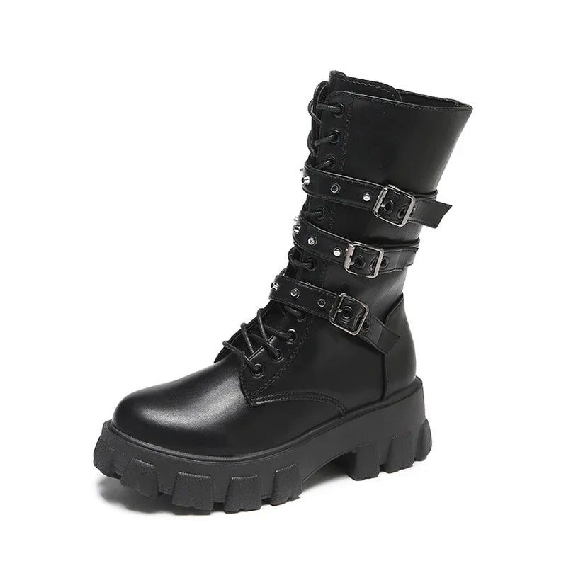 Gothic Platform Buckles Chains Punk Rivets Combat Motorcycle Boots Shoes for Women Chunky Heels Mid Calf Boots boats black