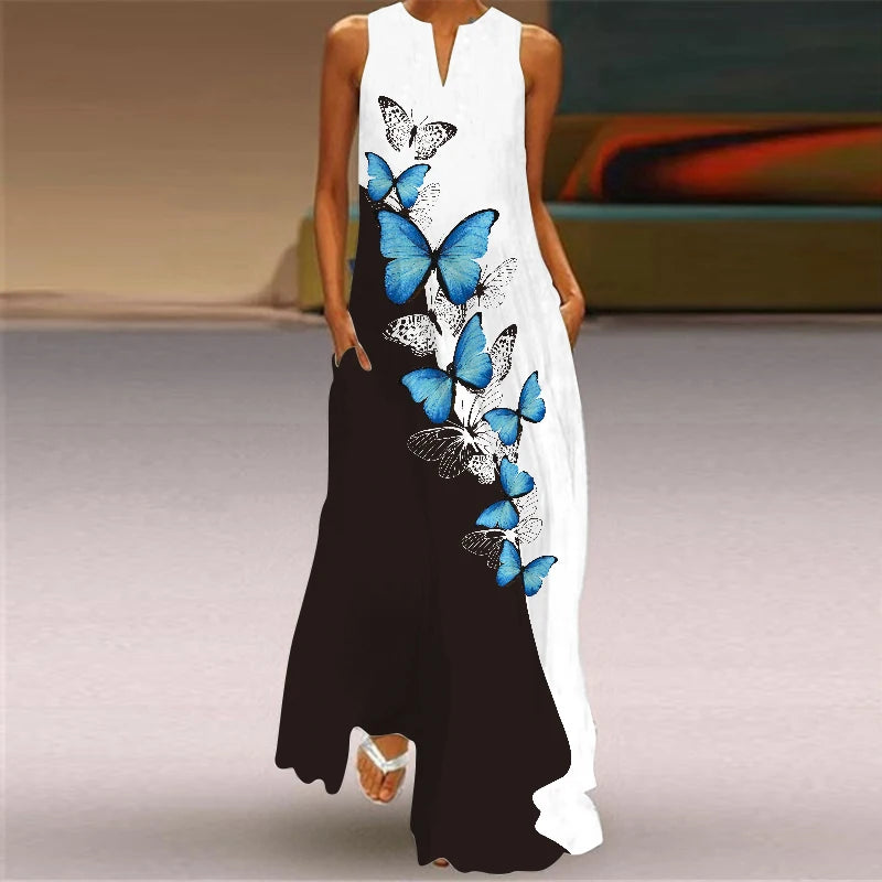 Vestido longo feminino elegante com decote em V, estampa floral fresca, sem mangas, solto, reto, praia, férias, vestido longo