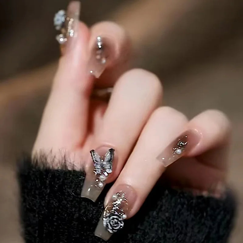 24Pcs Mid-length Gradient Finger Nails with White Butterfly Pattern Designs French Fake Nails Diamond Wearable Fashion Nail Tips