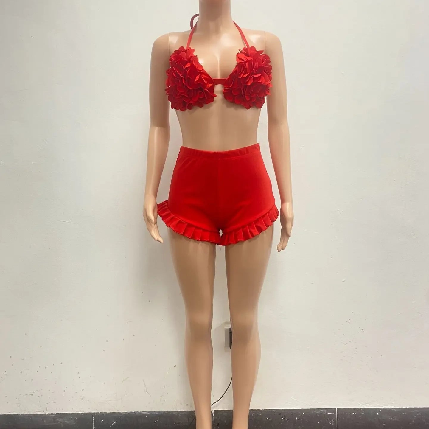 CM.YAYA Women's Set Ruffles Crop Top Bra and Shorts Bikini Set Streetwear Casual Two 2 Piece Outfits Summer 2024 Beach Holiday