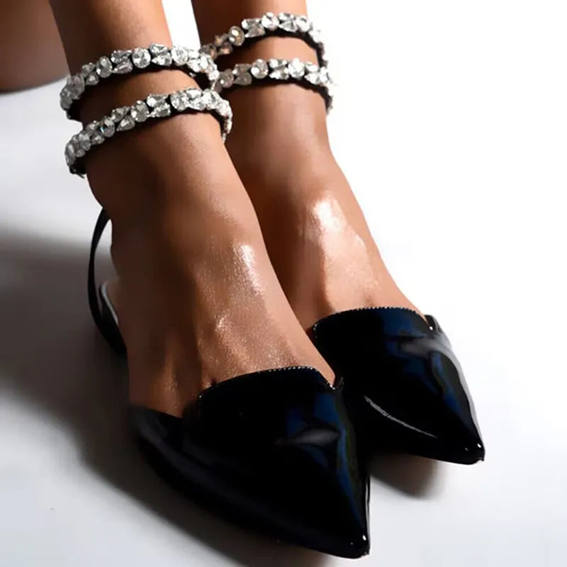 Funky Rhinestone Flat Sandals Women Summer Pointed Toe Strappy Sandals Woman Plus Size 42 Ankle Straps Party Shoes Flats