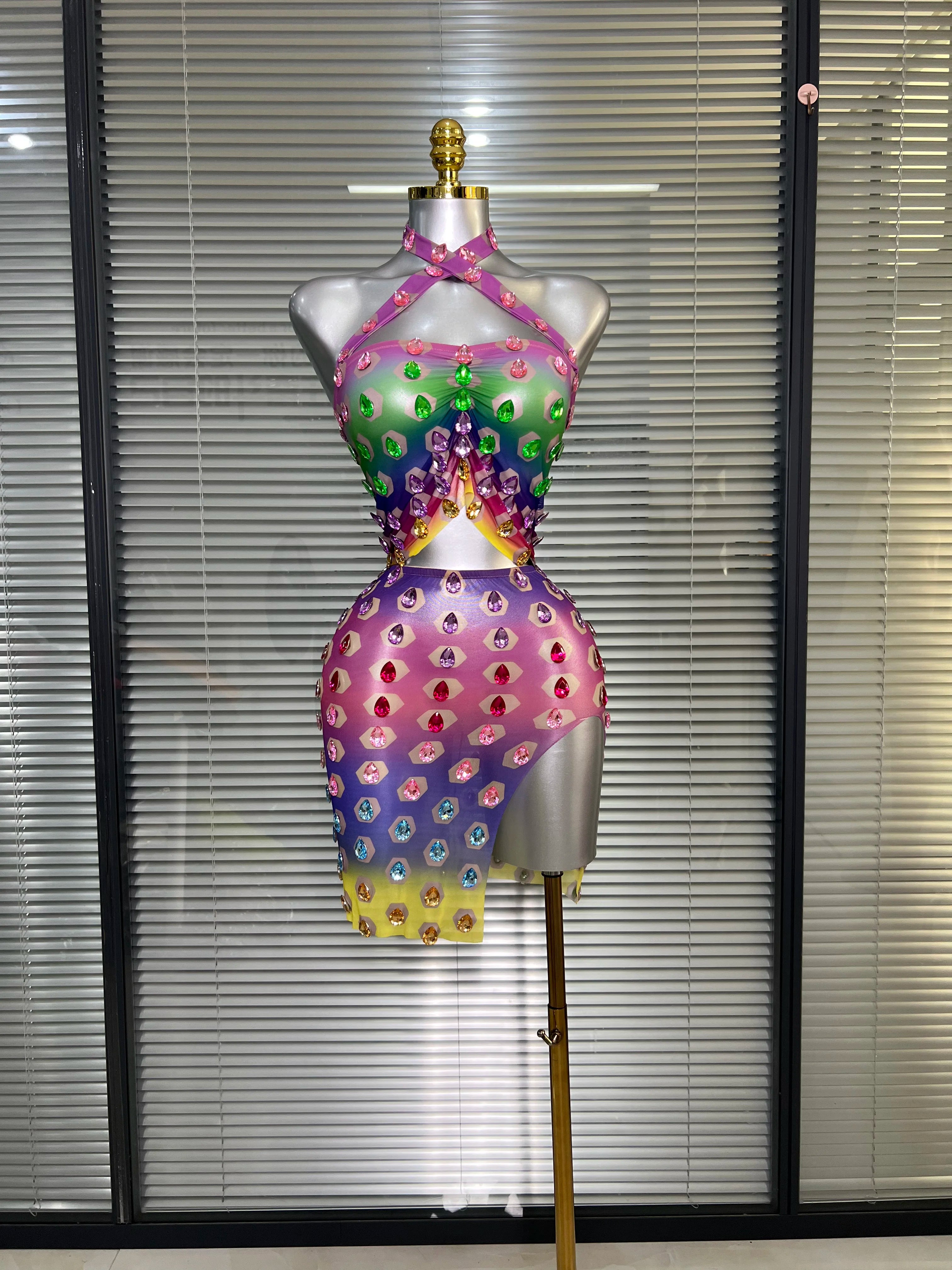 Women Sexy Two Pieces Set Women Crystal Diamond Night Club Halter Skirt Suits Singer Dancer See Through Stretchy Stage Costume