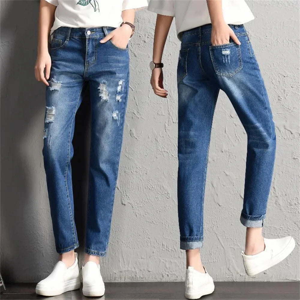 Casual High Street Denim Pants Women Fashion Mid Waist Big Ripped Hole Jeans Sexy Vintage Pencil Calca High Waisted Jeans