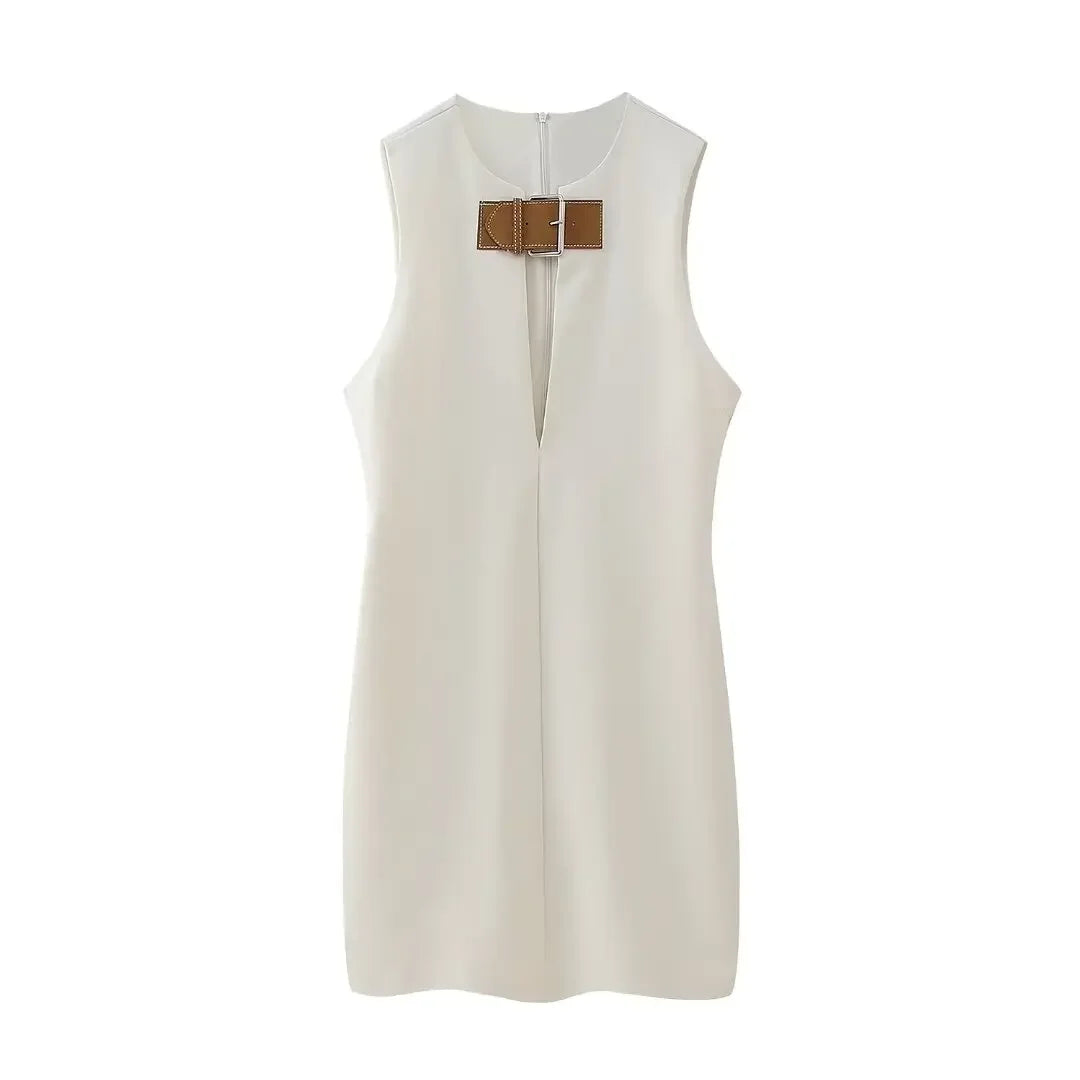 TRAF Women Fashion Summer New Sleeveless Hollow V-neck Back Zipper Belt Buckle Mini Dress France Chic Female Evening Mujer white