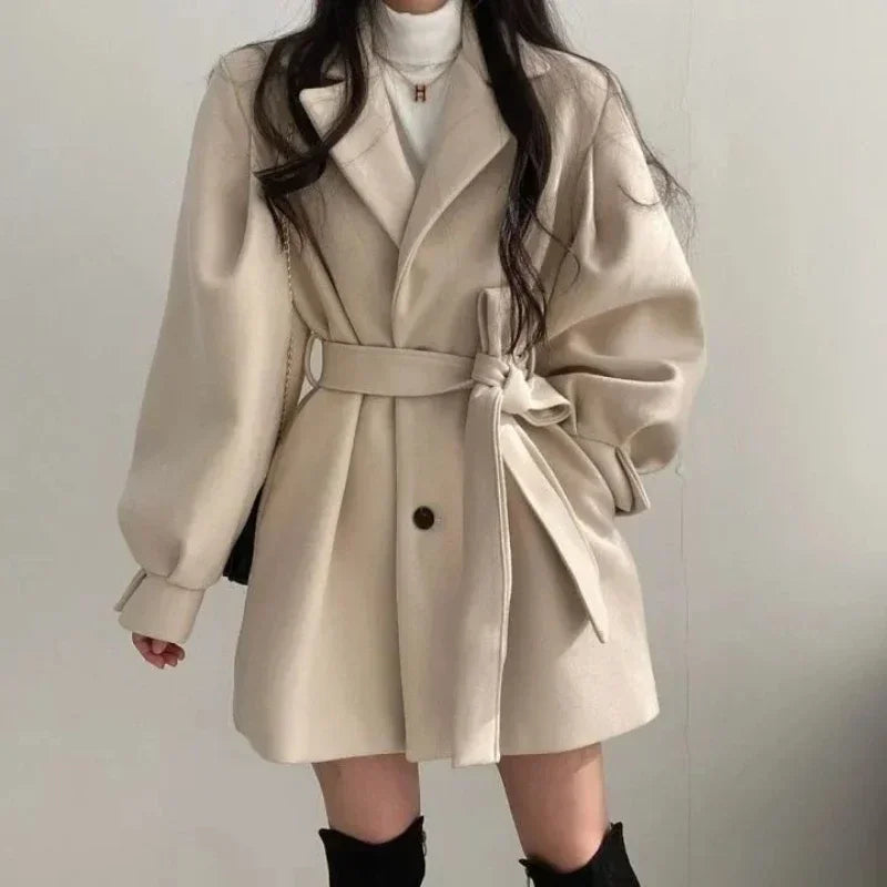 Autumn Winter Women's Thick Woolen Winter Coat Ladies Mid Length Tailored Collar Waist Band Outerwear Female Casual Clothes