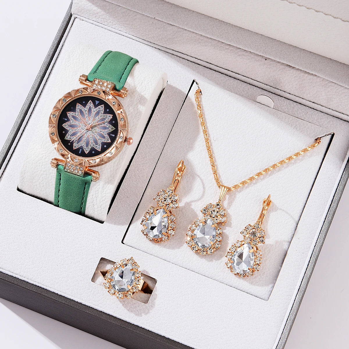 5pcs Set Watches Women Leather Band Ladies Watch Simple Casual Women's Analog WristWatch Bracelet Gift Montre Femme 5pcs set green