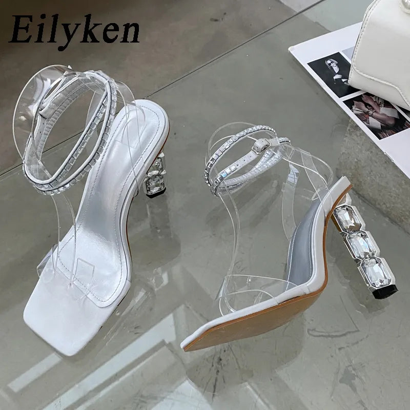 Summer Crystal Embellished High Heel Sandals Women Diamond Open Toe Ankle Strap Silk Satin Rhinestone Banquet Shoes Silver