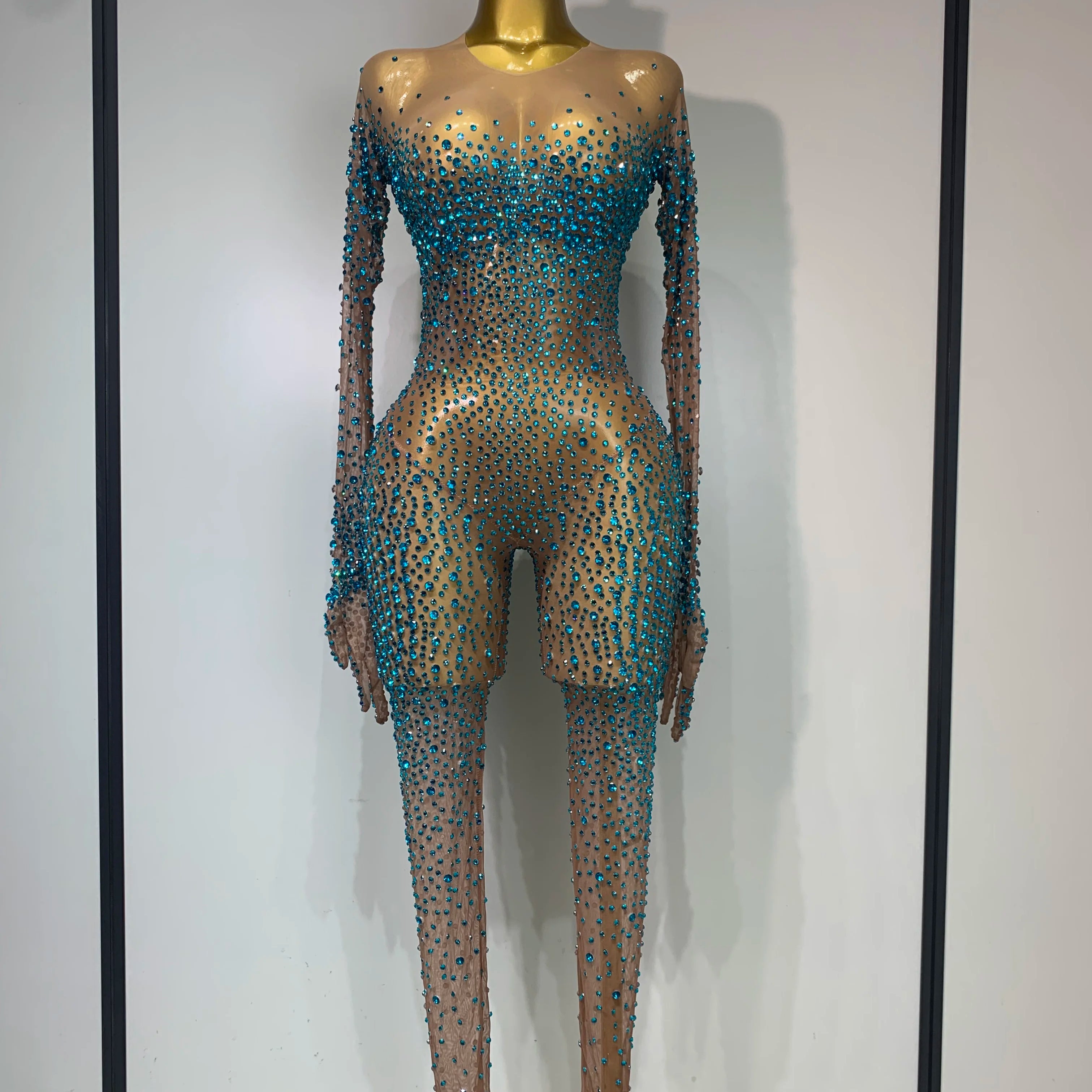 Luxury Rhinestones Bodycon Jumpsuit Sexy Women Mesh See Through Birthday Gown Women Bar Nightclub Dancer Stage Outfit