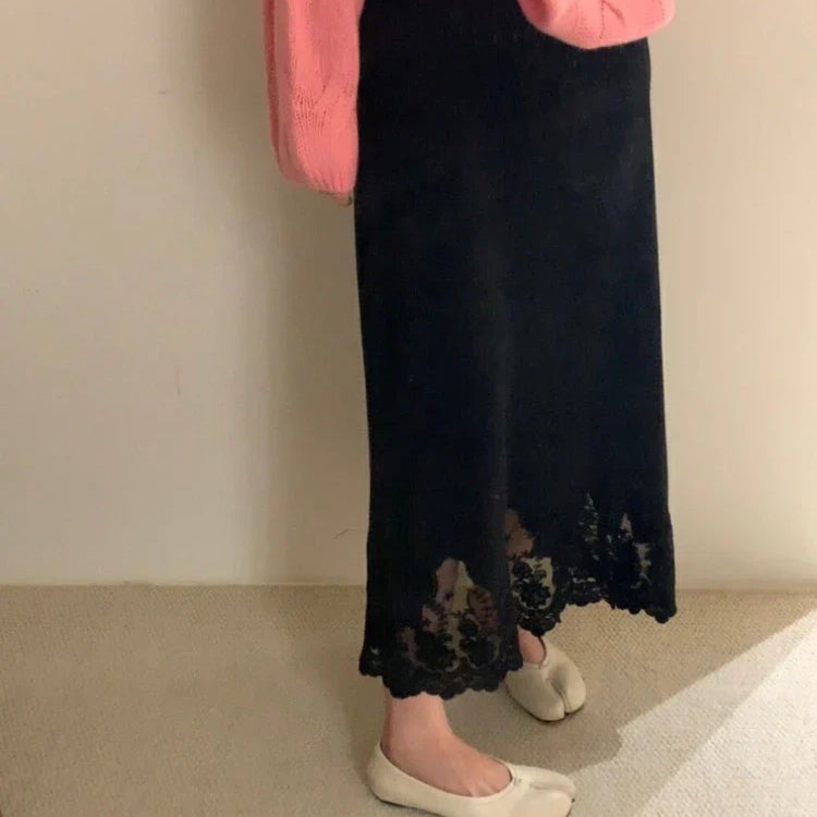 Patchwork Lace Skirts Women Fashion Knitted Jupe 2023 Faldas Mujer De Moda High Waist Tunic Saia Vintage Temperament Long Skirt