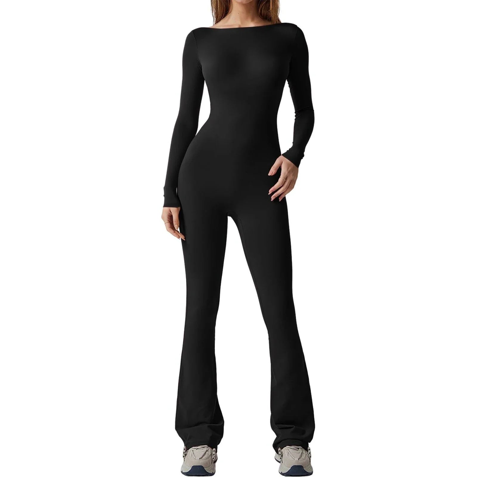 Women s Sexy Tight Backless Long Sleeve Flare Jumpsuits Bodycon Solid Color Bottom Pants Romper Playsuit Streetwear black