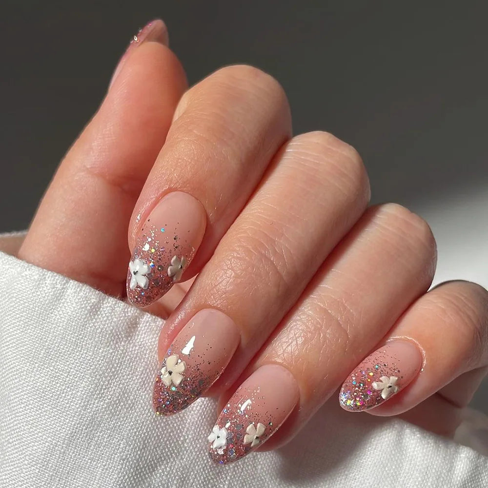 24Pcs Almond Green Press on Fake Nails with Glue Simple Oval Manicure Set Short Flowers Design False Nails Full Cover Nail Tips
