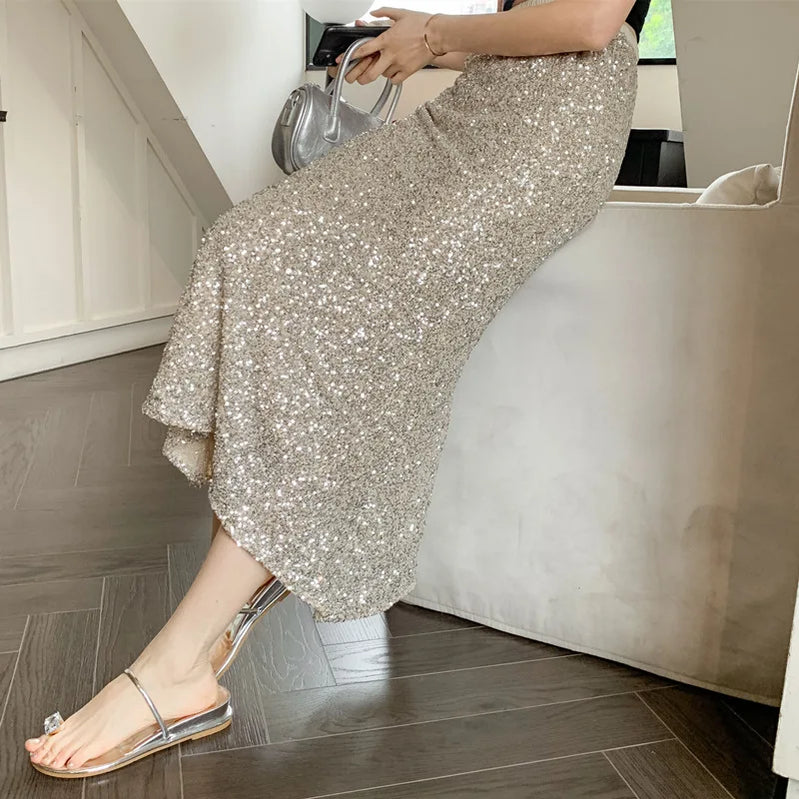 New Heavy Industry Sequins Fish Tail Skirt for Spring/summer Luxury Sexy High Waisted Slimming Hip Pack Long Mermaid Skirt
