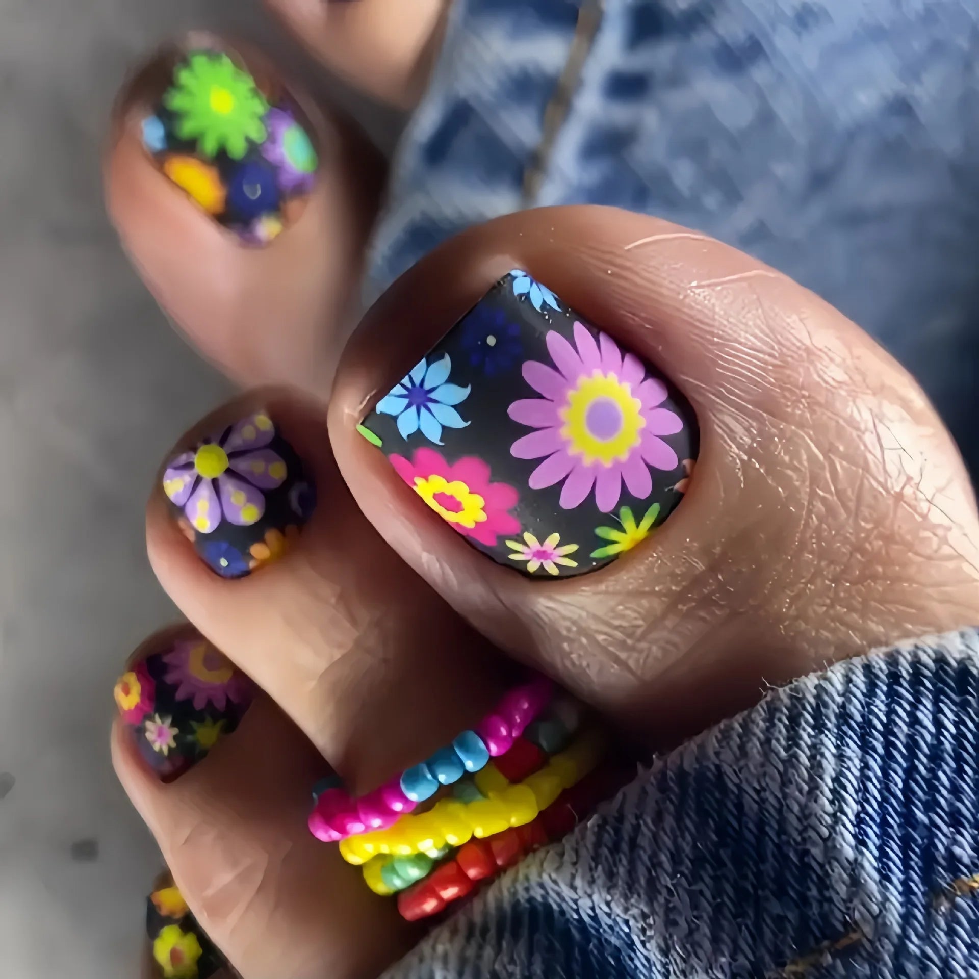 24pcs/set short square teo nails Colorful Flower summer fake nail tips glitter rhinestones floral press on false nail art kit