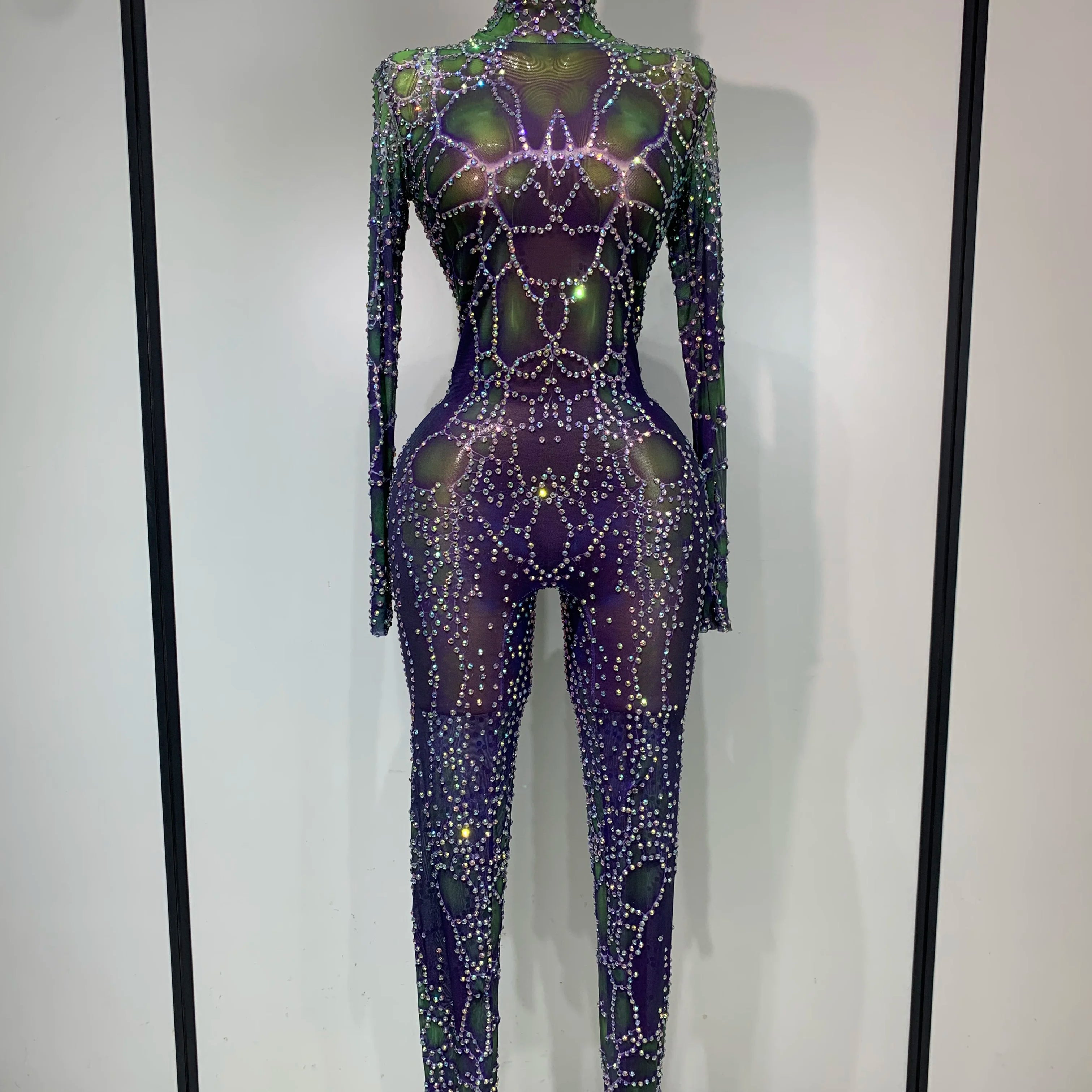 Women Sparkly Rhinestones Mesh Bodycon Jumpsuit Singer Stage Performance Dance Costume Nightclub Party Luxury Birthday Outfit