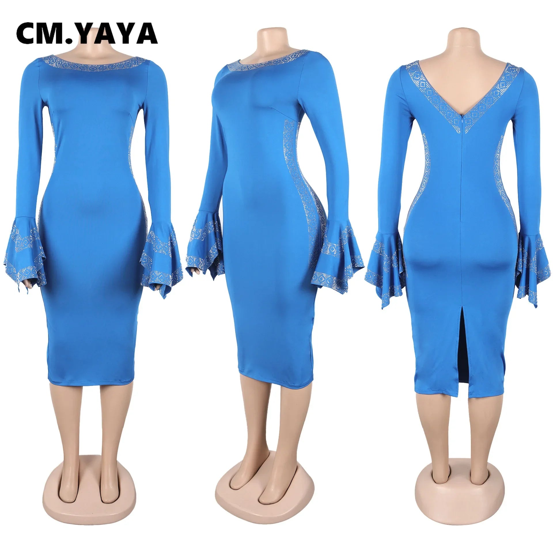 CM.YAYA Women O-neck Elegant Long Flare Sleeve Rhinestones Midi Dress 2025 OL Pencil Streetwear Africa Club Dresses Vestidos