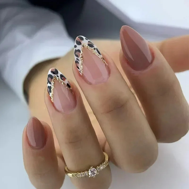 24pcs Leopard Print Almond Fake Press on Nails with Mini Flower Acrylic Fake Nails Retro Sweet Cool Design Press Ons French Nail