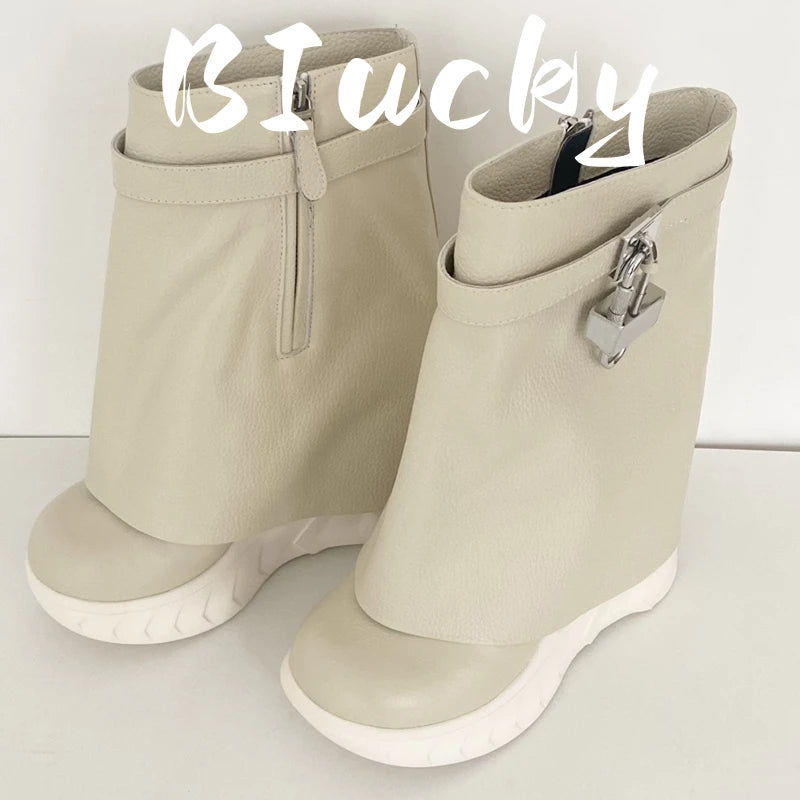 Winter New Women Mid-Calf Boots Woman Genuine Leather Wedge Platform Round 2023 Metal Decoration Boots Gold