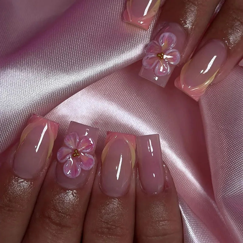 24pcs/Box Press on Nails French Square Head with Flowers False Nail Wearable Glitter Diamond Fake Nails Full Cover Nail Tips Art