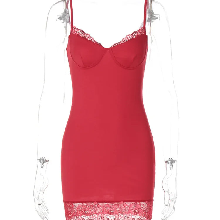 Vestido curto sexy de renda com alças finas para mulheres, vermelho, ombro de fora, sem alças, sem mangas, costas nuas, slim fit, vestido justo