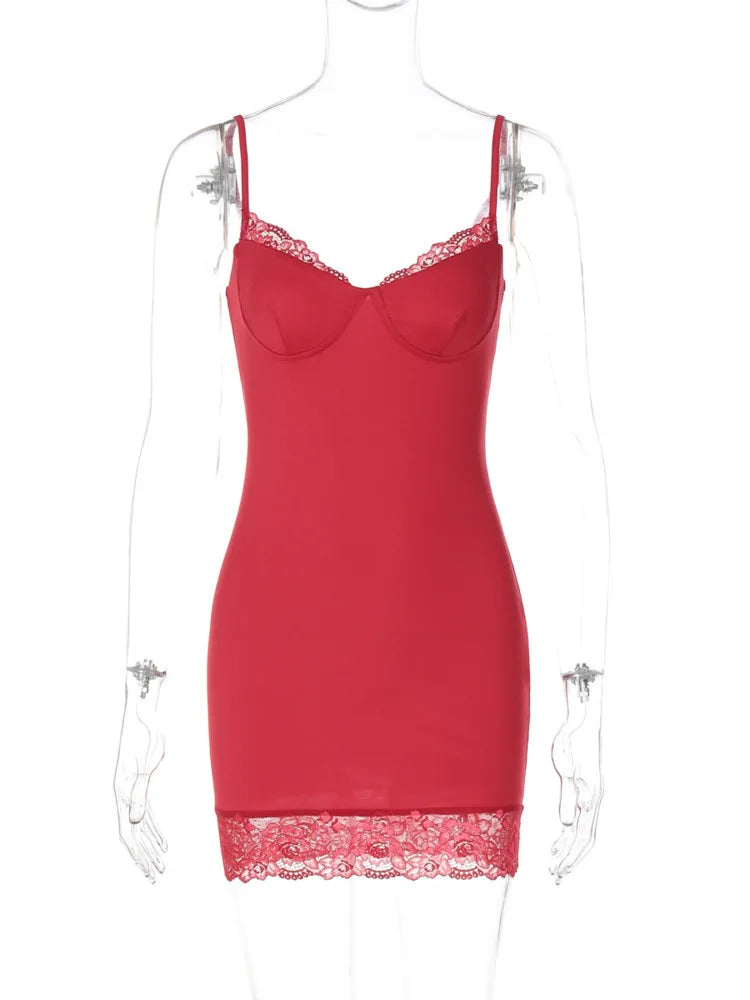 Vestido curto sexy de renda com alças finas para mulheres, vermelho, ombro de fora, sem alças, sem mangas, costas nuas, slim fit, vestido justo