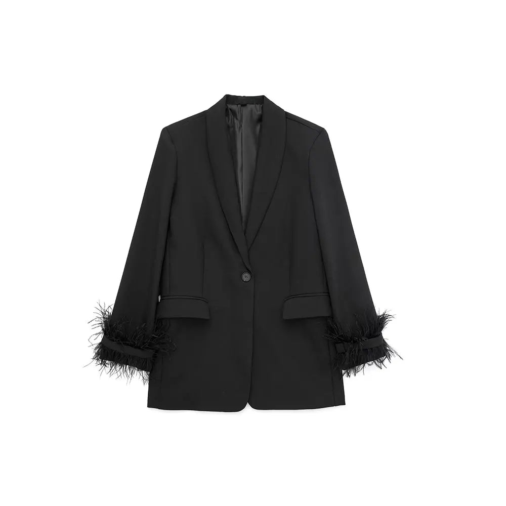 Women Fashion Satin Black With Feather Blazer Jacket Vintage Notched Neck Single Button Long Sleeves Female Outfits Black