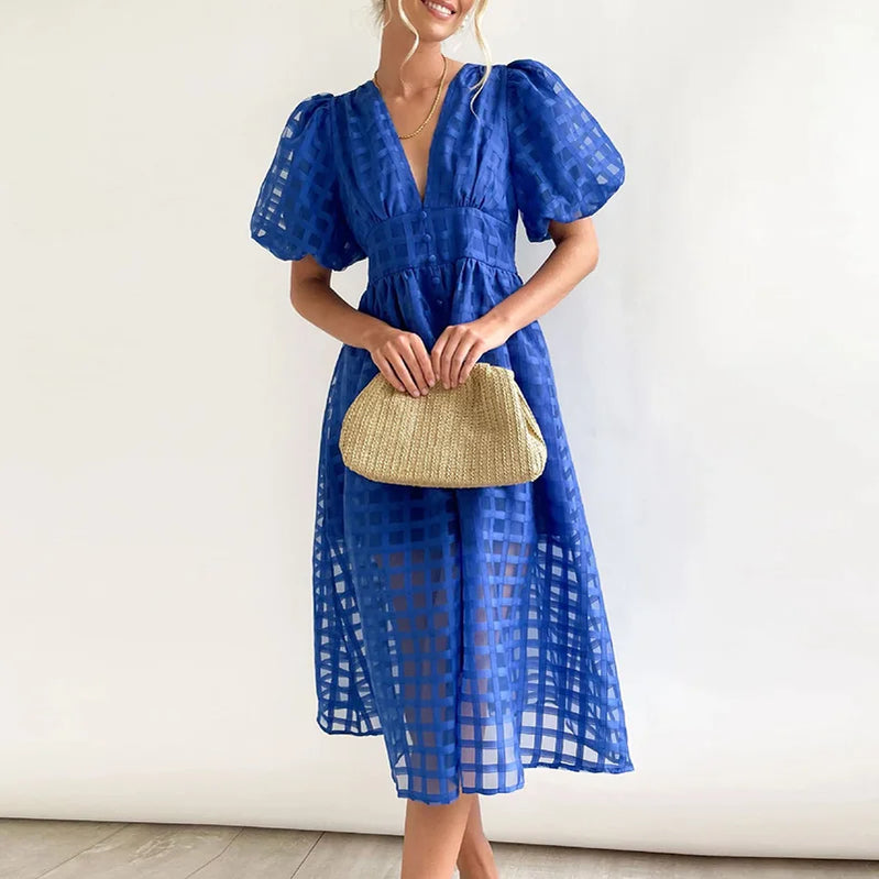 Summer Multicolor Lantern Short Sleeve Long Dress Elegant Ladies Solid V Neck Big Hem Dress Fashion Mesh Plaid High Waist Dress Blue