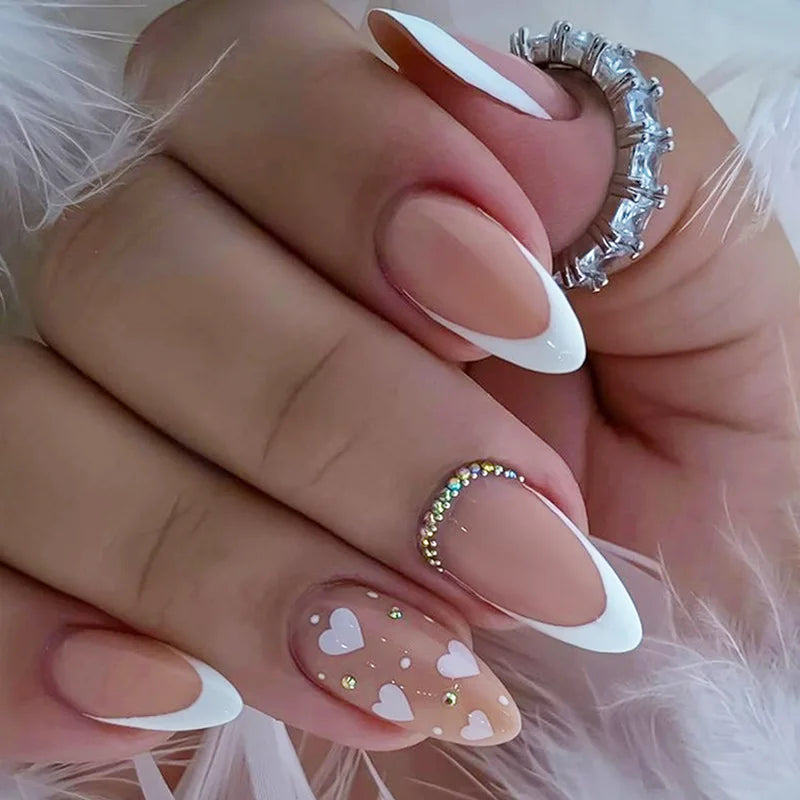 24Pcs Glitter Gradient Love Fake Nails Short Almond French Design Valentine Day Party Pink Press on Nails Sweet Girl False Nails