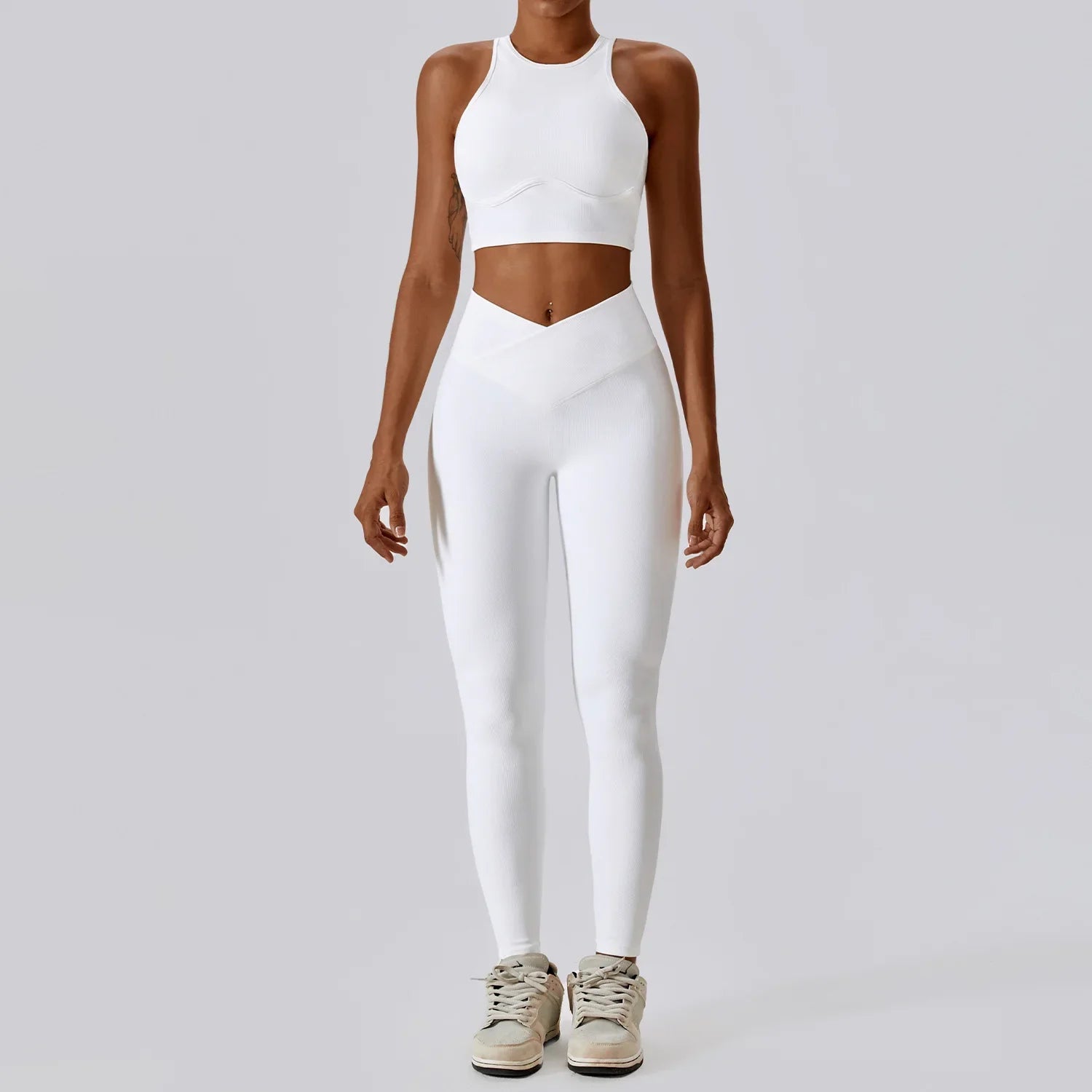 2PCS Seamless Yoga Set Gym Clothes Sportswear Yoga Suits For Women Fitness Rib Tracksuits Sports Bra Gym Leggings Sports Suits Swan White Set-4 CHINA