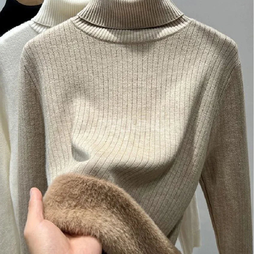 Warm Knit Pullover New Thicken Turtleneck Sweater For Winter Women Casual Slim Plush Lined Soft Long Sleeve Knitwear Jumper Tops striped oatmeal