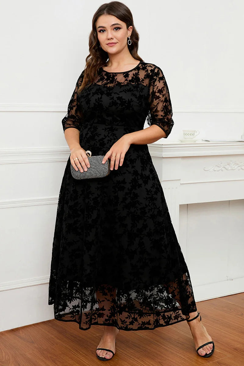 Women A-Line Dress Plus Size Lace Flocking Mesh Velvet Double Layer Tunic Embroidery Elegant Half Sleeve Spring Maxi Dress