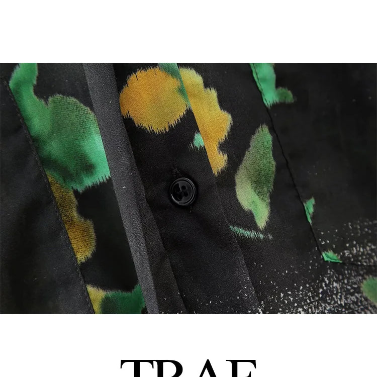 TRAF Summer Vintage Y2K Short Sleeve Green Floral Print Woman Zipper Shirt Set High Waisted A Line Pleated Skirt Suits