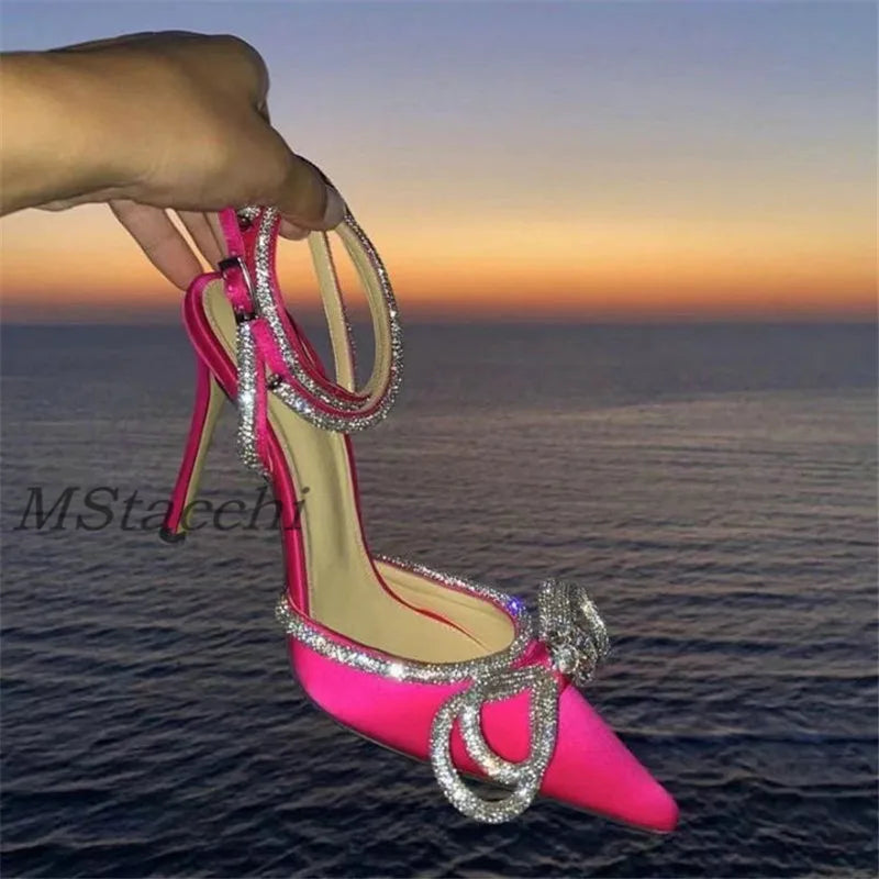 Glitter Rhinestones Women Pumps Crystal Bowknot Satin Sandals 2025 Summer Transparent Shoes High Heels Party Prom Designer Shoes
