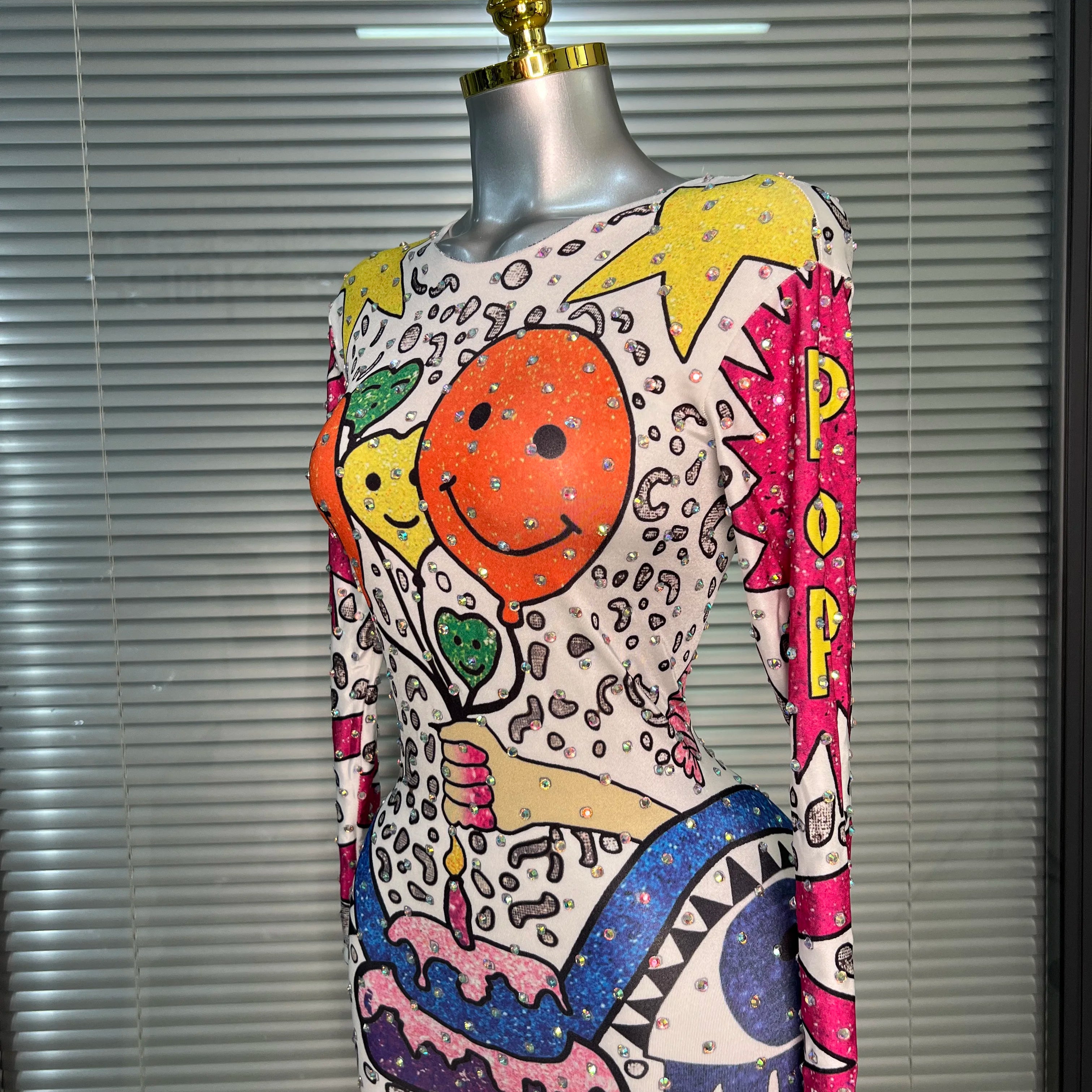 Women Sexy Crystal Stretchy Bodycon Jumpsuit Celebrity Designer Singer Dancer Print Night Club Rompers