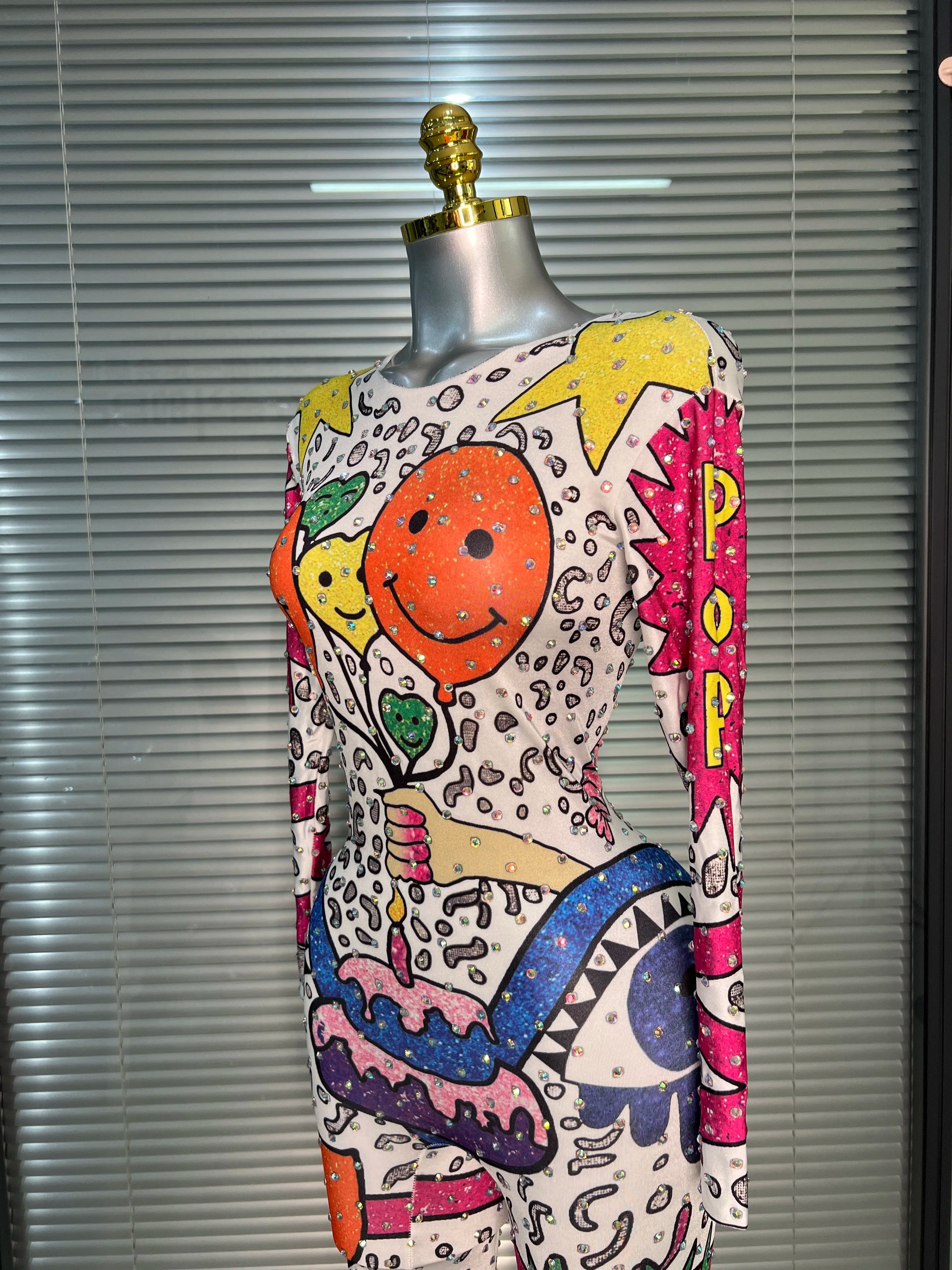 Women Sexy Crystal Stretchy Bodycon Jumpsuit Celebrity Designer Singer Dancer Print Night Club Rompers