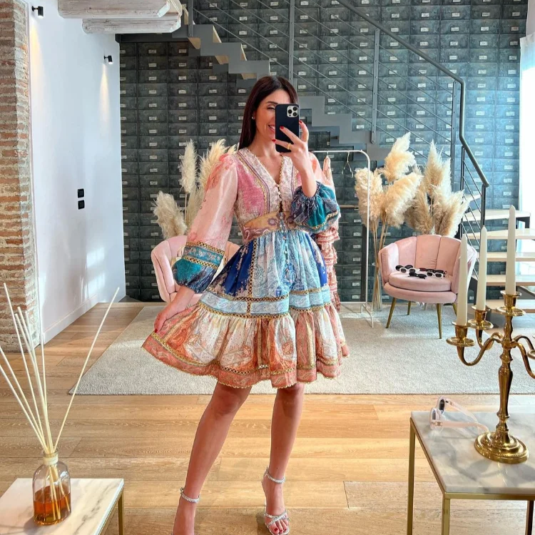 Fashion Puff Sleeve Patchwork Print Midi Dress Women Sexy V Neck High Waist Long Dresses Female Vacation Street Vestidos