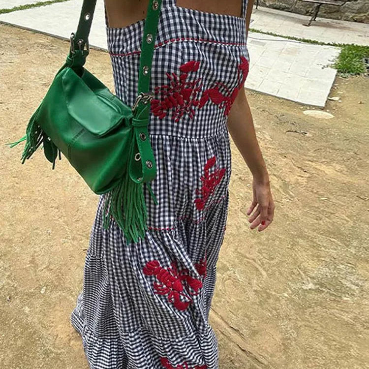 Vintage Embroidery Sleeveless Maxi Dress Women Summer Plaid Print Casual Beach Vacation Party Dresses Fashion Female Vestidos